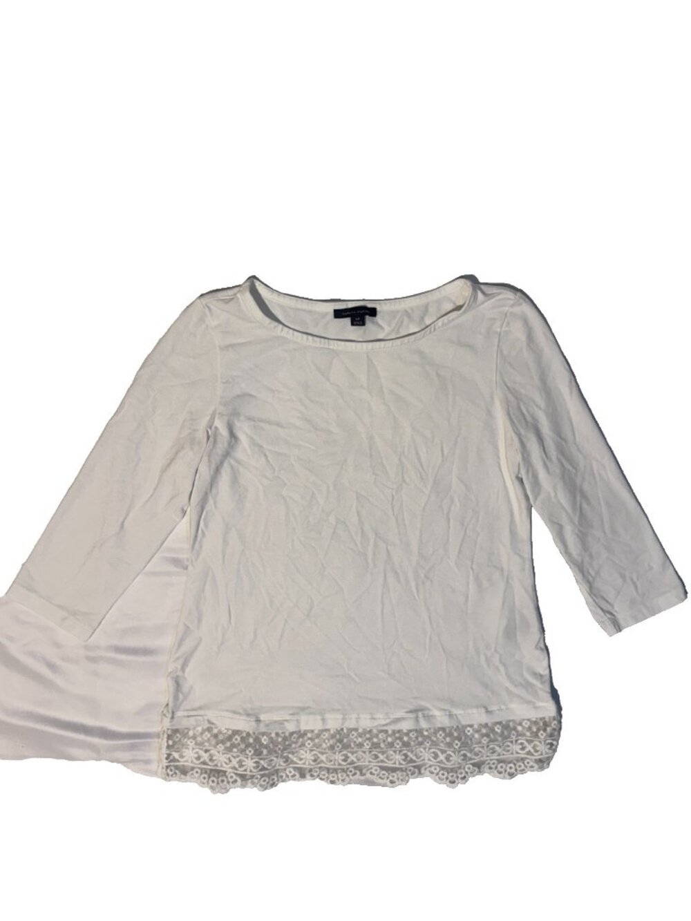 Tommy Hilfiger White Cotton Stretch Blend Top - Small 3/4 Sleeve Lace Hem